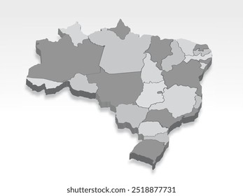 Mapa do Brasil 3D com todos os estados em cinza. Mapa tridimensional do Brasil com sombra. Mapa tridimensional do Brasil em fundo branco para o seu design, app, UI.  EPS10 