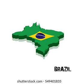 3D Brazil map and flag in white background