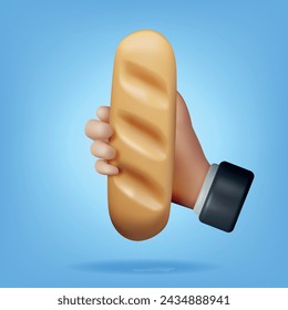 Icono de Pan en Mano 3d aislado. Representar el símbolo Pan o Pan. Pan de Pan de Trigo. Rollo de pan de grano. Comida al horno. Baguette. Tienda de panadería. Ilustración vectorial realista