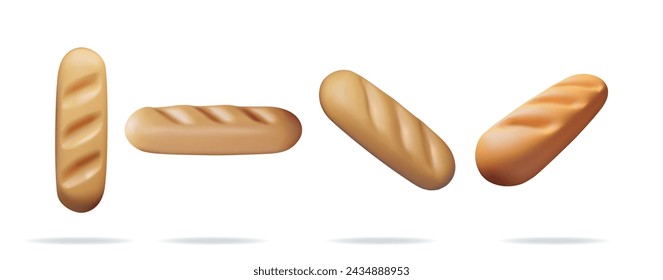 3d Brot Icon aus verschiedenen Winkeln Kollektion isoliert auf Weiß. Render Set Brot oder Laib Symbol. Laib von Weizenbrot. Kornbrot Brötchen Gebackenes Essen Baguette. Bäckerei. realistische Vektorgrafik