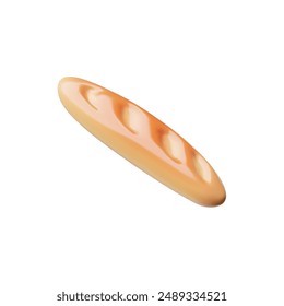 Icono de estilo plástico de pastelería de pan 3D. Pan de trigo realista sabrosa panadería. Baguette volumétrico de pan de rollo brillante de comida entera. Ilustración de render de dibujos animados de Vector aislado sobre fondo blanco