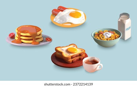 3D breakfast brunch menu food, meals set. Breakfast set: Toaste, Coffee, Fried eggs, Sausage, Pancakes, Milk .Vector illustration isolated