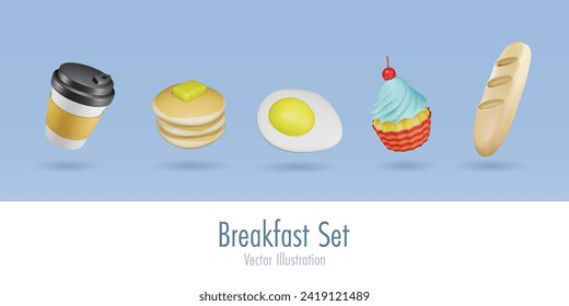 3D breakfast cafe icon set. Coffee, pancake, fried egg, cupcake and baguette. Advertising elements for food bakery and restaurant. Vector.