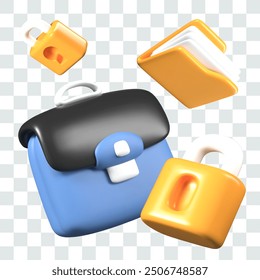 3D briefcase, folder with files, padlocks for various keys. Several ways to protect information