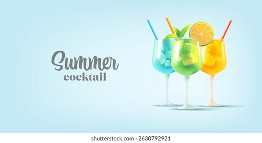 3d bright alcoholic summer cocktails. For promotional offers, and advertising materials, discounts. Bars, restaurants, pubs, beach, vacation. Vector illustration.