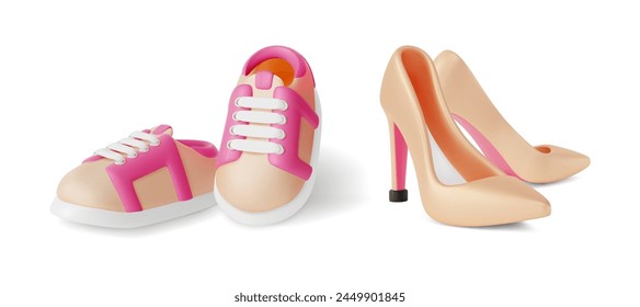 3D Bright Beige Heels und Sneakers Cartoon Design Style Damen Schuhe Konzept isoliert auf einem weißen Hintergrund. Vektorillustration