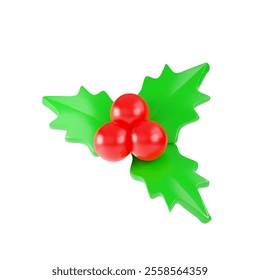 3D bright Christmas holly sprig with green shiny leaves and three bright red berries isolated on white background. For Christmas, winter and holiday designs, cards, web. 3d vector illustration.