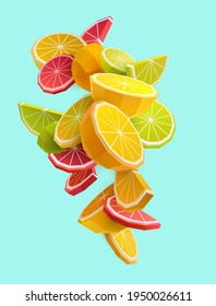 3D bright citrus fruits. Polygonal vector illustration.