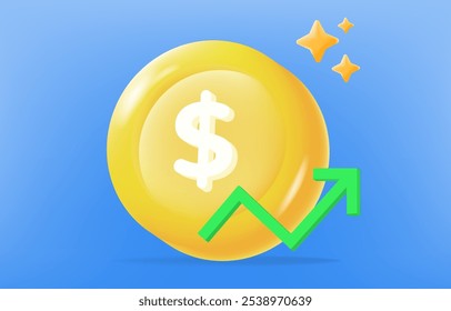 3D Bright coin with dollar symbol and upward green arrow, financial growth, investment success, and profit increase for finance and business visuals, vector illustration