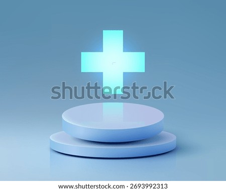 3D bright cyan plus sign, symbolizing health and wellness, floating over a modern light blue cylindrical stage. medical clean, minimal mockup healthcare products or scientific concepts