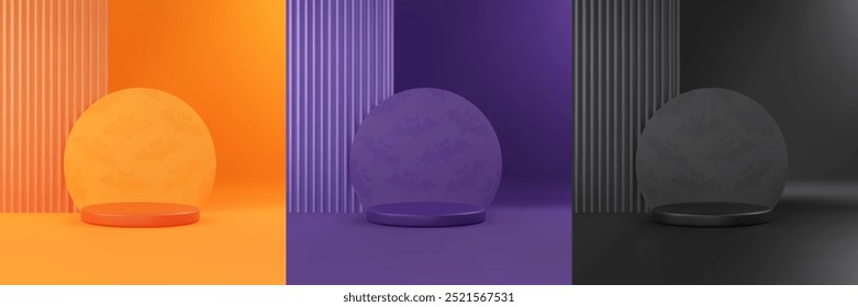 3D bright Halloween podium with reeded translucent glass. Vector realistic product platform set. Background for invitation, sale and promo. Orange, violet and black