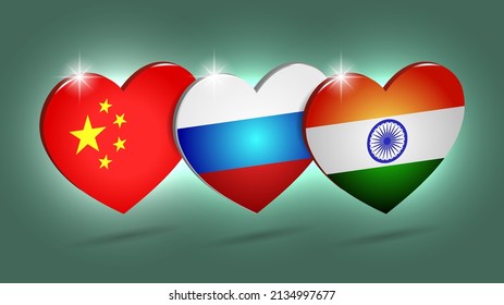 3.d corazones brillantes con banderas de China, Rusia e India. Afiche de vector político que reluce