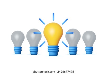 3D Bright Light Idea Bulb. Uniqueness, Individuality, Think Differently, Standing Out from Crowd. Symbol of Creativity, Vision, Idea, Inspiration and Motivation. Business Startup. Vector Illustration