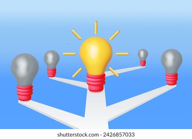 3D Bright Light Idea Bulb. Uniqueness, Individuality, Think Differently, Standing Out from Crowd. Symbol of Creativity, Vision, Idea, Inspiration and Motivation. Business Startup. Vector Illustration