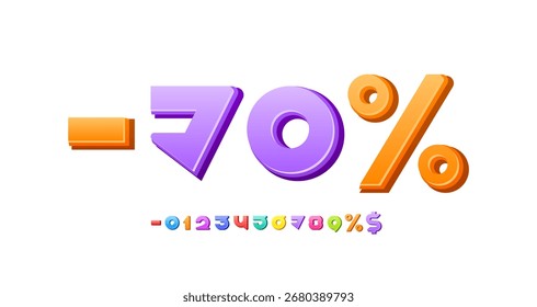 3D bright numbers, Discount 70% rounded multi colored numerals, vector illustration 10EPS