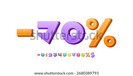3D bright numbers, Discount 70% rounded multi colored numerals, vector illustration 10EPS