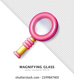 3d bright pink magnifying glass with golden handle. Isometric glossy magnifier with transparent lens. Cartoon loupe, reading glass, optical microscope, zoom tool  isolated on  transparent background.