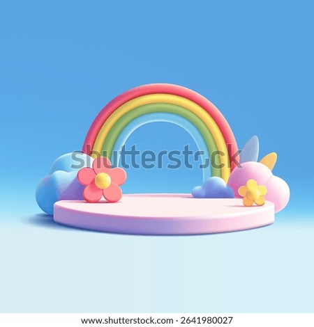 3D bright rainbow, empty podium, flowers, clouds, leaves. For concepts of advertising goods, spring, summer, children's goods, and magic scenes. Vector illustration.