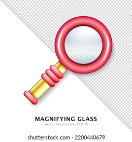 3d bright red magnifying glass with silver handle. Top view of glossy magnifier with transparent lens. Cartoon loupe, reading glass, zoom tool, optical microscope. Vector 3d icon