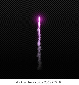 Sendero de cohete brillante 3D con brillo púrpura aislado en un fondo transparente. Llamarada de señal. Fuegos artificiales. Humo blanco y rosa. Lanzar una nave espacial o un jet. Elemento de diseño realista. Ilustración vectorial