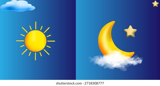 Sol brillante 3D y luna creciente con estrellas en un fondo degradado que simboliza el día y la noche. Renderización 3D. Ilustración vectorial