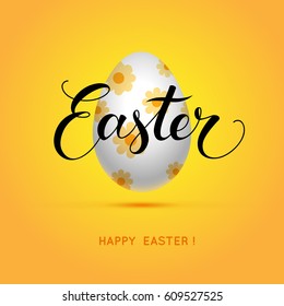3D bright sunny easter poster design. Egg decorated with spring flowers, lettering, and greeting text on yellow background. Vector illustration.
