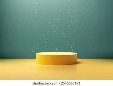 3D bright yellow circular podium rests on a yellow floor with a blue background. Golden sparkles add elegance, modern product displays, stylish mockups, and creative showcases