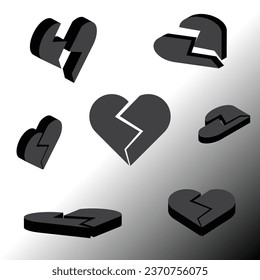 3d broken black heart with different angles, silhouette vector icon for love