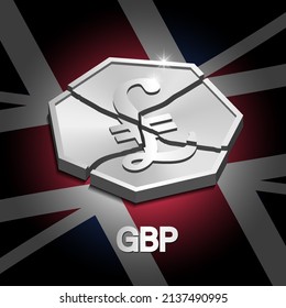 3d broken British pound coin with bright highlights on a dark flag. Financial vector poster