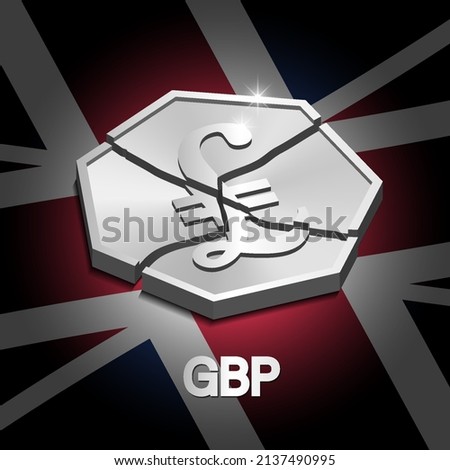 3d broken British pound coin with bright highlights on a dark flag. Financial vector poster