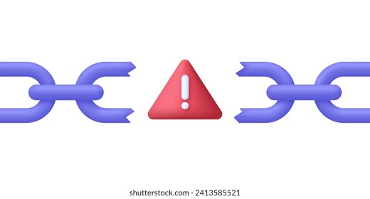 3D Cadena rota y signo de exclamación. Algo salió mal. Mensaje de error. Vector moderno y moderno de estilo 3d