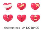 3d broken hearts. Injury healing heart, couple separation hurt divorce wound love or romantic relationship break concept, repair red shape pain symbol nowaday vector illustration of 3d injury heart