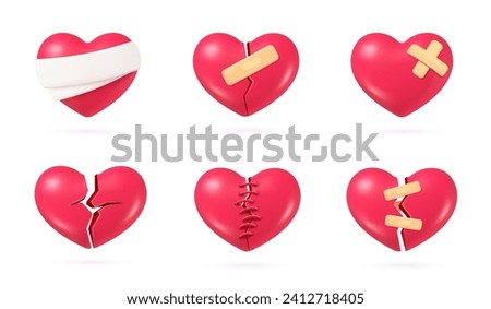 3d broken hearts. Injury healing heart, couple separation hurt divorce wound love or romantic relationship break concept, repair red shape pain symbol nowaday vector illustration of 3d injury heart