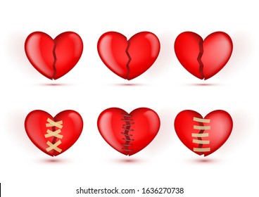 3D Broken Hearts vector Icons In Patches And Bandages On White Background. EPS10 Vector