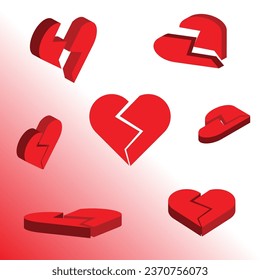 3d broken red heart with different angles, vector icon for love