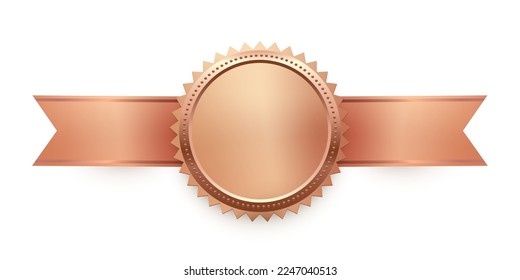 3d bronze medal on ribbon, seal trophy vector illustration. Realistic isolated brown circle medallion with frame for official winner, honor prize badge for best quality and victory of champion.