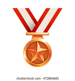 3d bronze medal with striped ribbon. 3rd place award sign. Eps10 vector medal illustration.