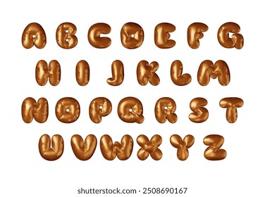 3d bronze metallic alphabet balloon set isolated on white. Render golden font characters. Decorative shiny symbols for banner, cover, holidays, anniversary party or birthday. Vector Illustration