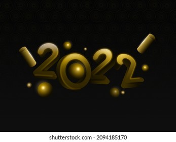3D Brown 2022 Number With Light Effect Balls, Cylinder Elements On Black Background.