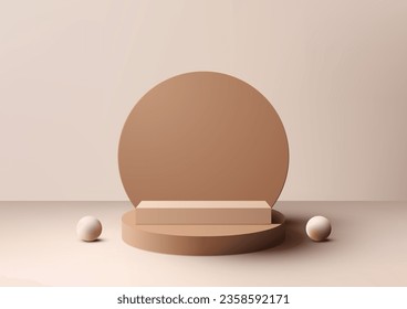 3D brown or beige podium stand with circle backdrop and geometric circles balls elements is a modern and stylish mockup purposes, such as product display, marketing. Vector illustration