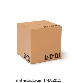3D Brown Carton Delivery Packaging Box With Fragile Icons. EPS10 Vector