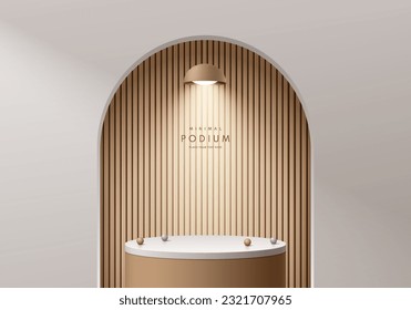 3D brown, cream cylinder podium background with wood pattern in arch gate and hanging lamp wall scene. Abstract minimal mockup products, stage showcase, promotion display. Vector geometric platforms.