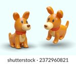 3D brown dog, view from different angles. Children colored toy. Domestic puppy with red collar. Set of isolated vector illustrations in plasticine style. Web design