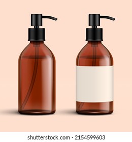 3D Brown Glass Cosmetic Bottle With And Without Blank Label. EPS10 Vector