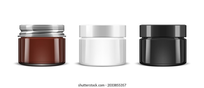 3D Brown Glass Cosmetic Jar With Metal Lid. EPS10 Vector