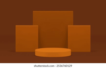 3d brown orange podium showcase mockup for product show realistic vector illustration. Trendy minimalist beige cylinder pedestal with squared rectangle wall background stage for presentation