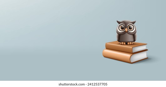 3d brown owl illustration sitting on pile of books, college or school education icon