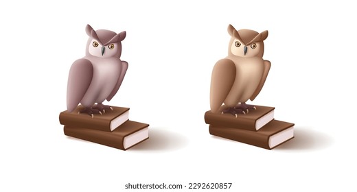 3d brown owl illustration standing on books, college or school education icon