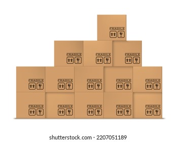 3D Brown Parcel Box With Caution Icons Set. EPS10 Vector