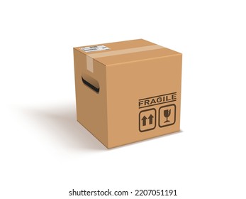 Caja De Parcelas Marrones 3D Con Iconos De Precaución Y Sombra. Vector EPS10